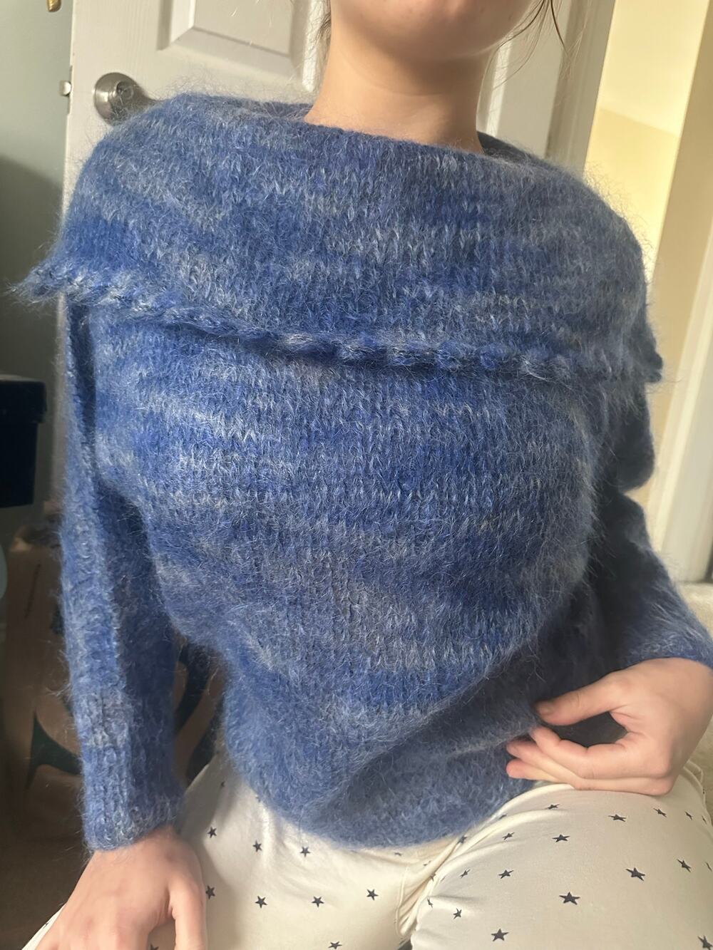 Vintage Mohair Wool Sweater blue collared Bohemian fuzzy warm bat wing sleeve